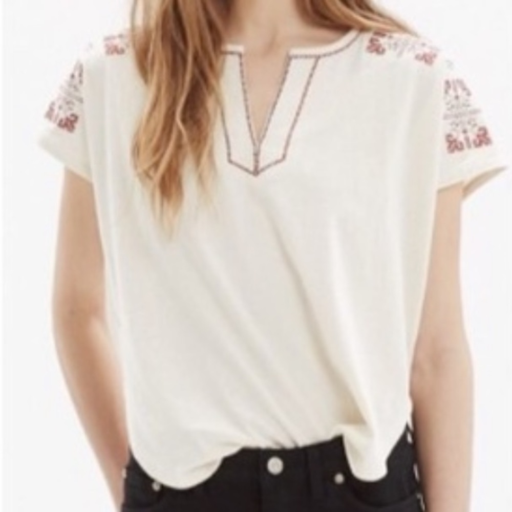MADEWELL Short Sleeve Tee Size Medium Cream Boho Split Neck Shirt E11 - Picture 2 of 8